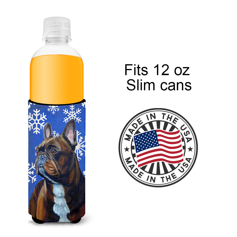 French Bulldog Winter Snowflakes Holiday Ultra Beverage Insulators for slim cans LH9295MUK.