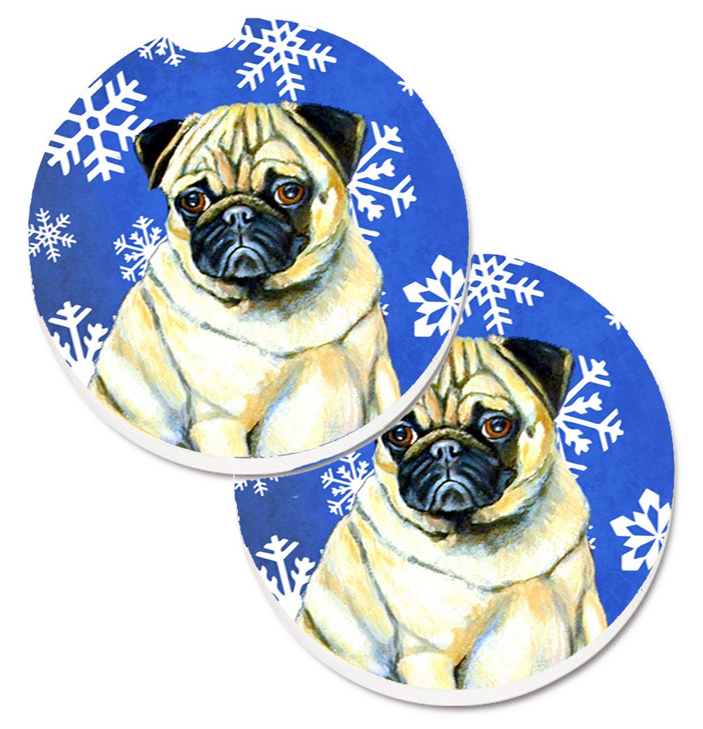 Pug Winter Snowflakes Holiday Set of 2 Cup Holder Car Coasters LH9297CARC by Caroline&#39;s Treasures