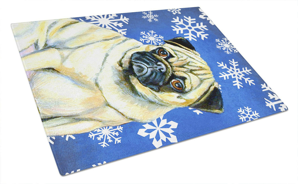 Pug Winter Snowflakes Holiday Glass Cutting Board Large by Caroline&#39;s Treasures