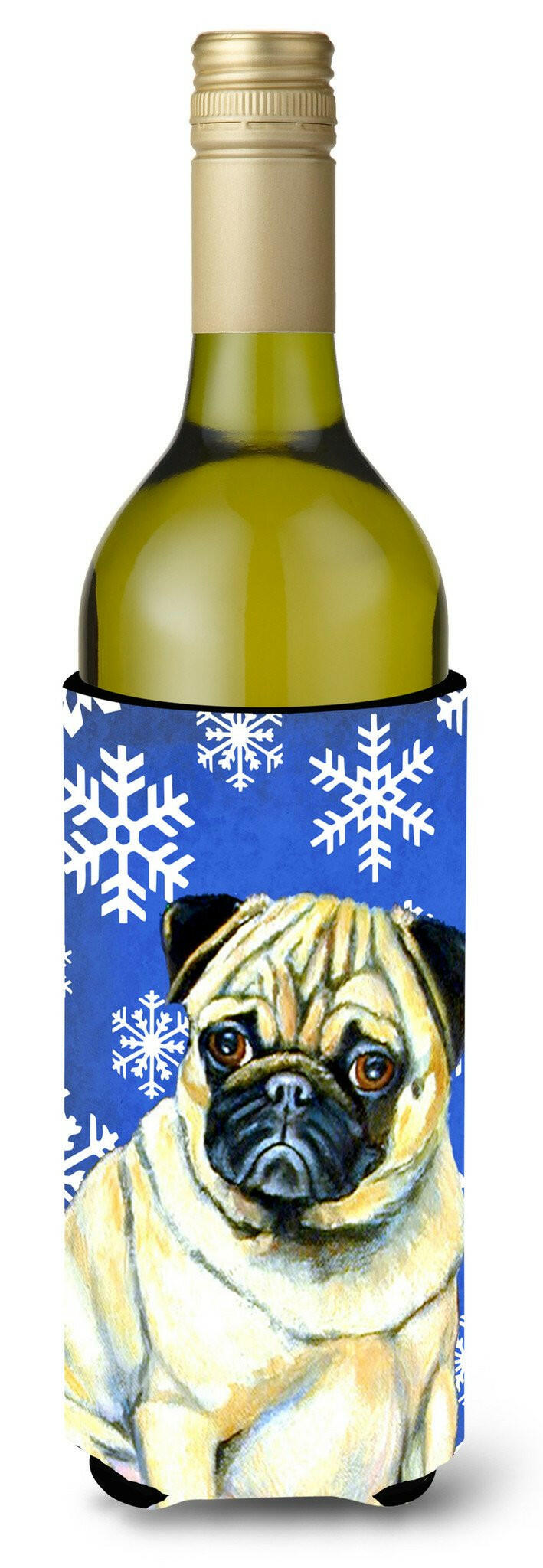 Pug Winter Snowflakes Holiday Wine Bottle Beverage Insulator Beverage Insulator Hugger by Caroline&#39;s Treasures