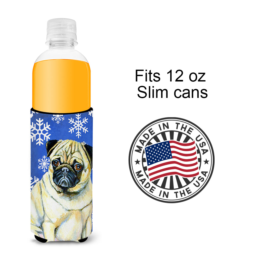 Pug Winter Snowflakes Holiday Ultra Beverage Insulators for slim cans LH9297MUK.