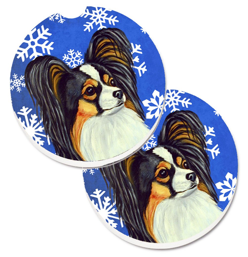 Papillon Winter Snowflakes Holiday Set of 2 Cup Holder Car Coasters LH9300CARC by Caroline&#39;s Treasures