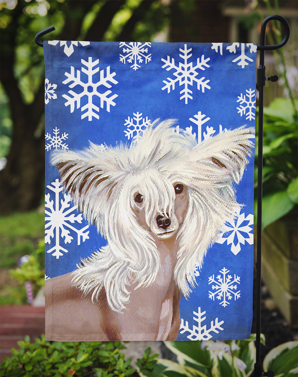 Chinese Crested Winter Snowflakes Holiday Flag Garden Size.