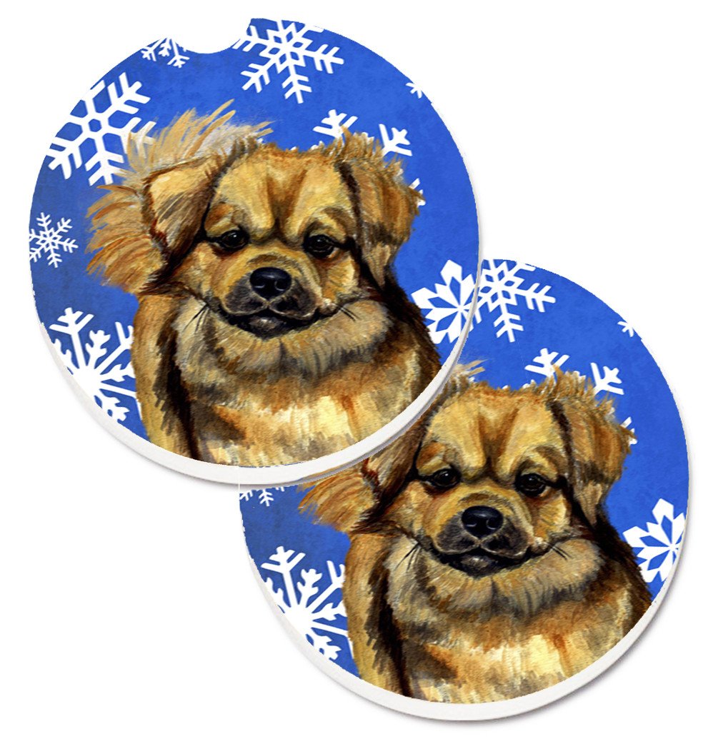 Tibetan Spaniel Winter Snowflakes Holiday Set of 2 Cup Holder Car Coasters LH9304CARC by Caroline&#39;s Treasures