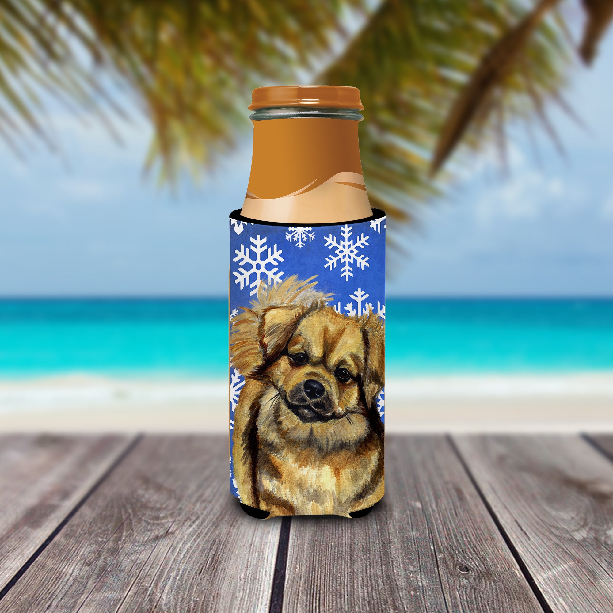 Tibetan Spaniel Winter Snowflakes Holiday Ultra Beverage Insulators for slim cans LH9304MUK.