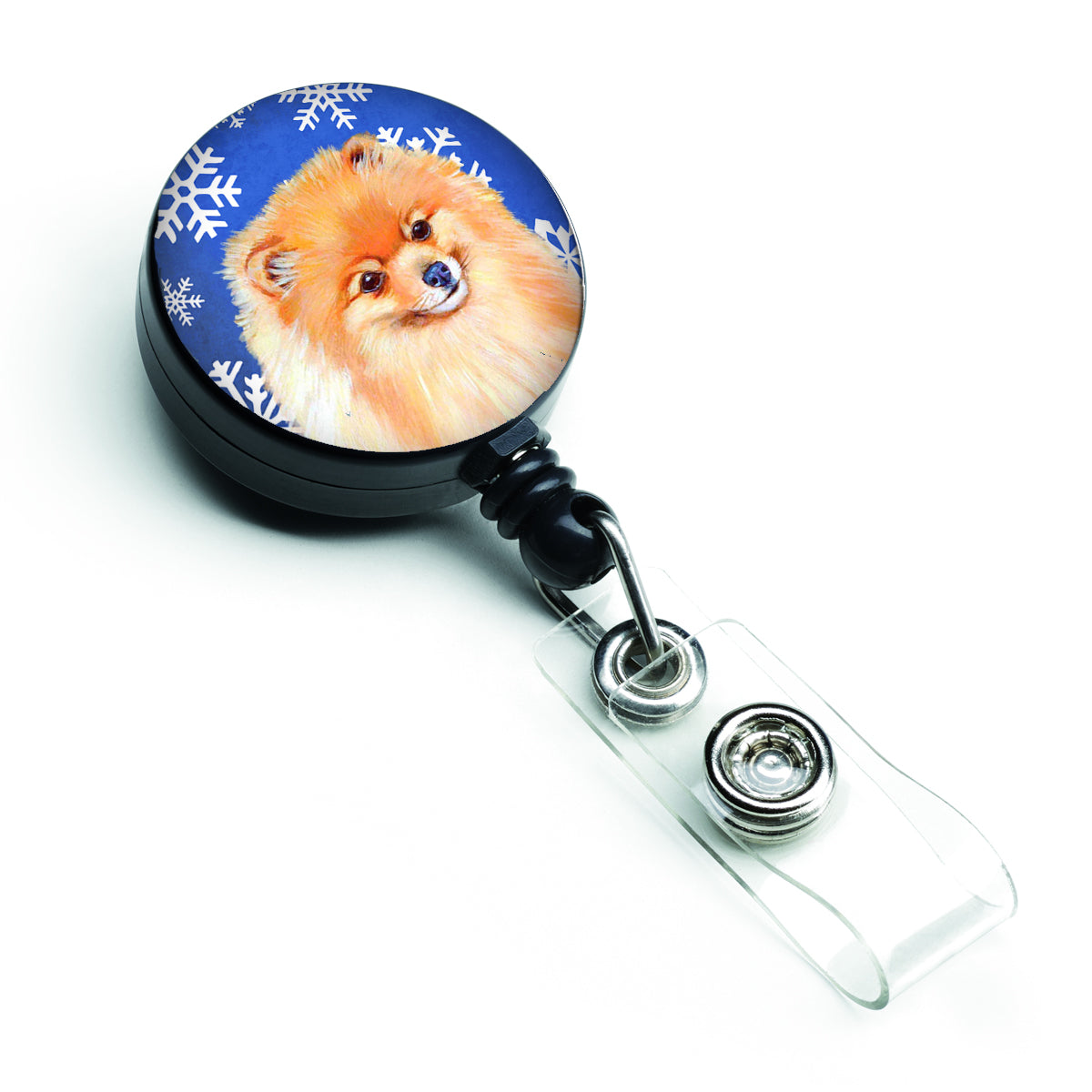 Pomeranian Winter Snowflakes Holiday Retractable Badge Reel LH9305BR  the-store.com.