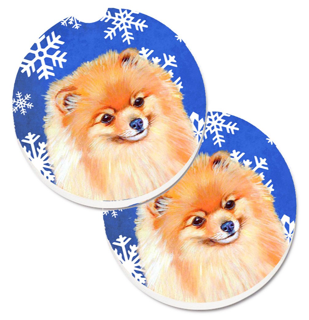 Pomeranian Winter Snowflakes Holiday Set of 2 Cup Holder Car Coasters LH9305CARC by Caroline&#39;s Treasures
