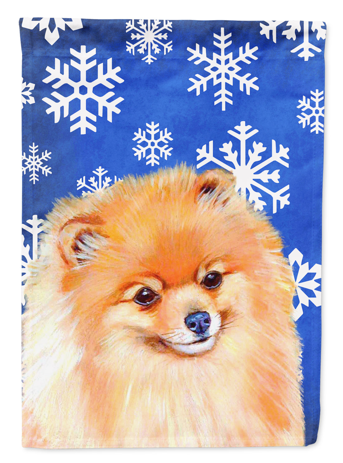 Pomeranian Winter Snowflakes Holiday Flag Canvas House Size  the-store.com.