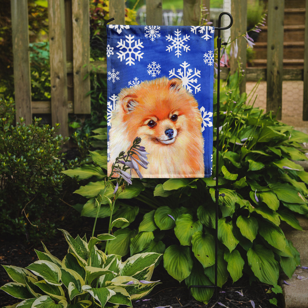 Pomeranian Winter Snowflakes Holiday Flag Garden Size