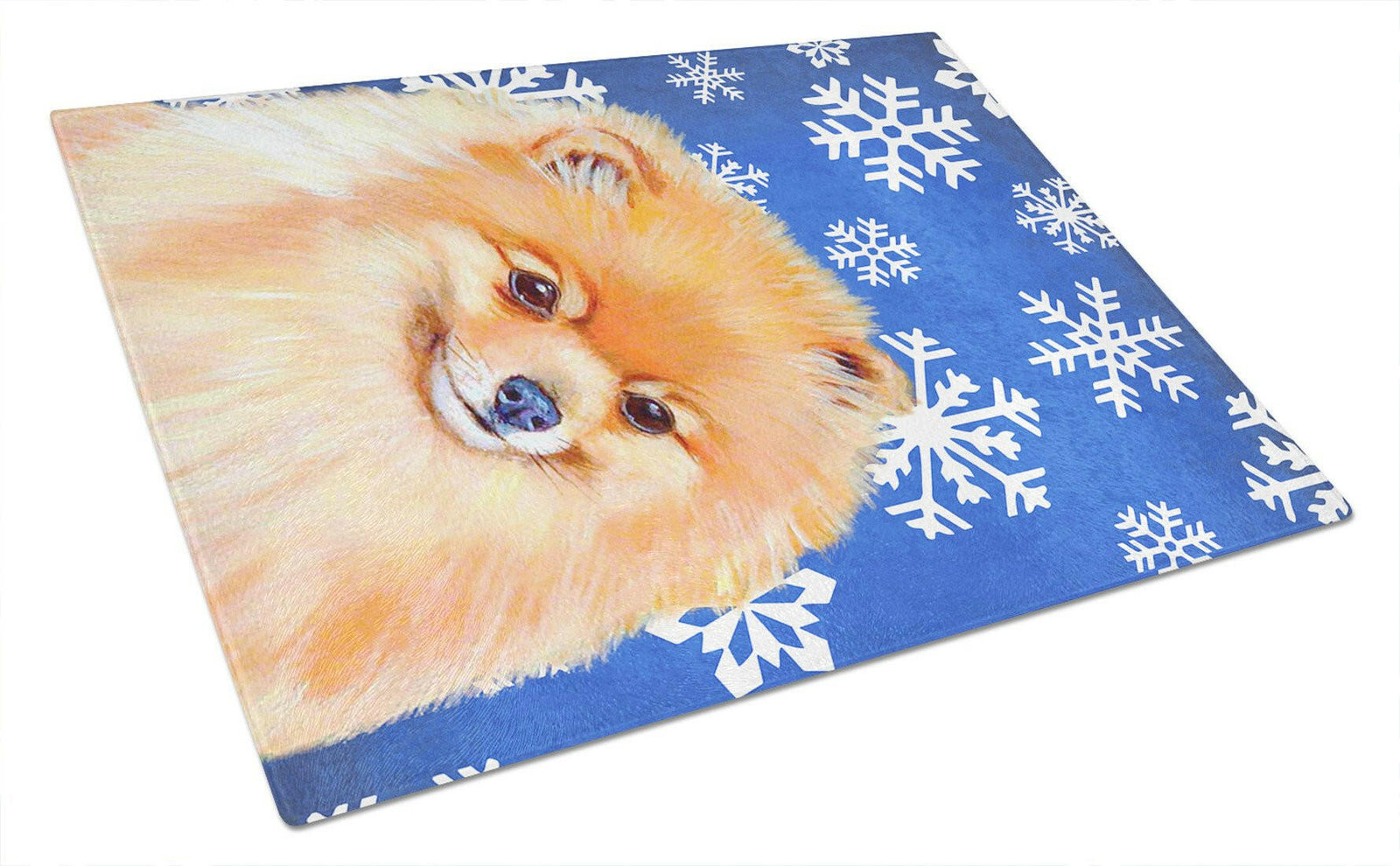 Pomeranian Winter Snowflakes Holiday Glass Cutting Board Large by Caroline's Treasures