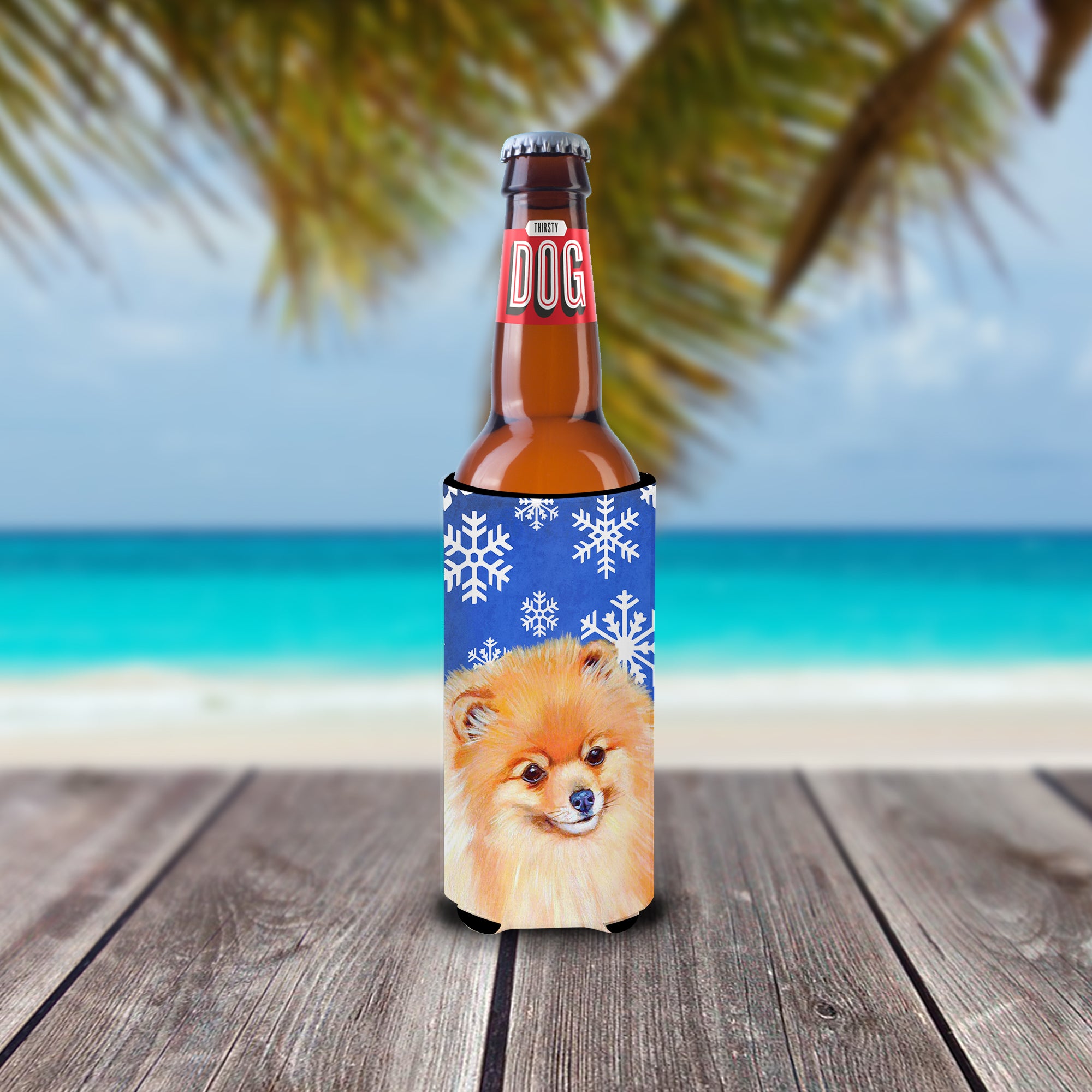 Pomeranian Winter Snowflakes Holiday Ultra Beverage Insulators for slim cans LH9305MUK.