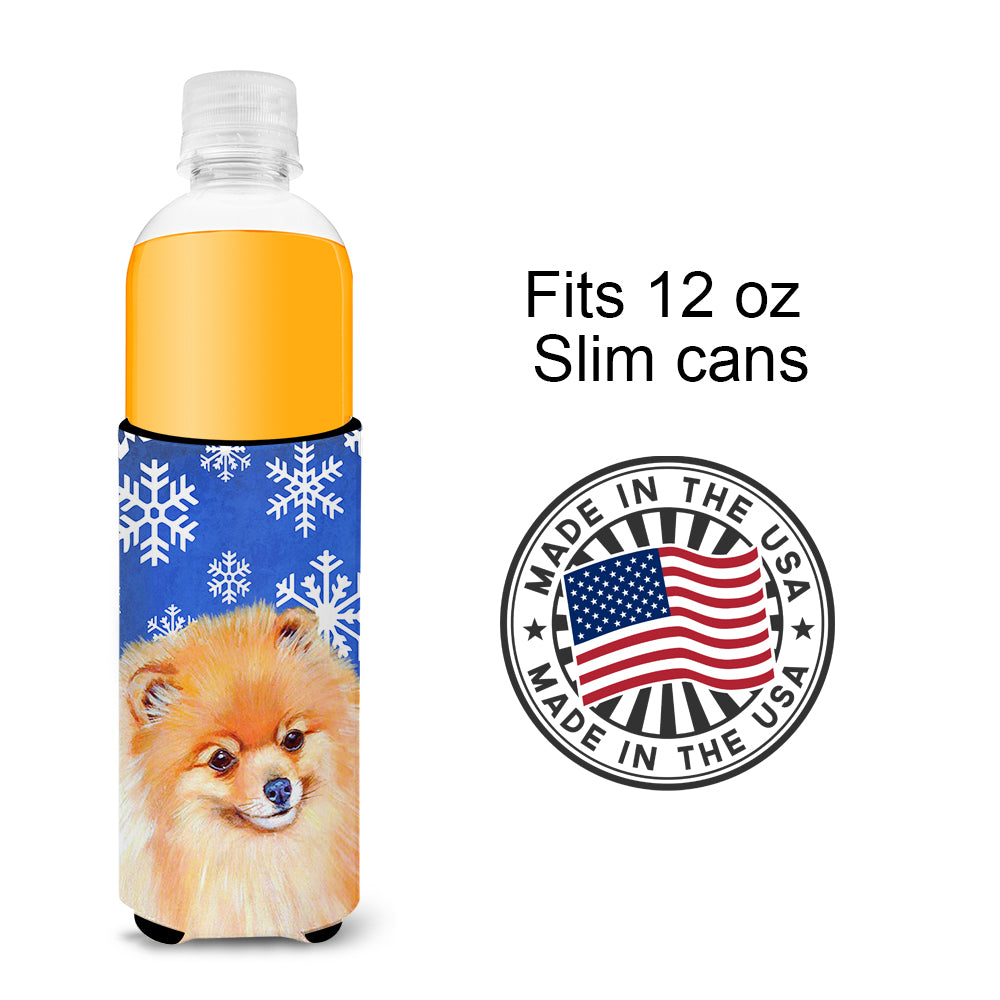 Pomeranian Winter Snowflakes Holiday Ultra Beverage Insulators for slim cans LH9305MUK.