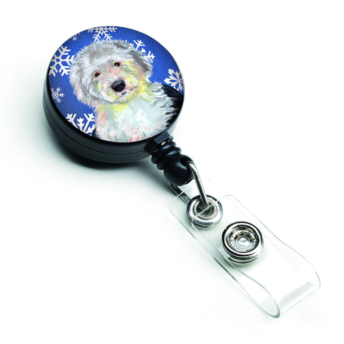 Old English Sheepdog Winter Snowflakes Holiday Retractable Badge Reel LH9306BR  the-store.com.