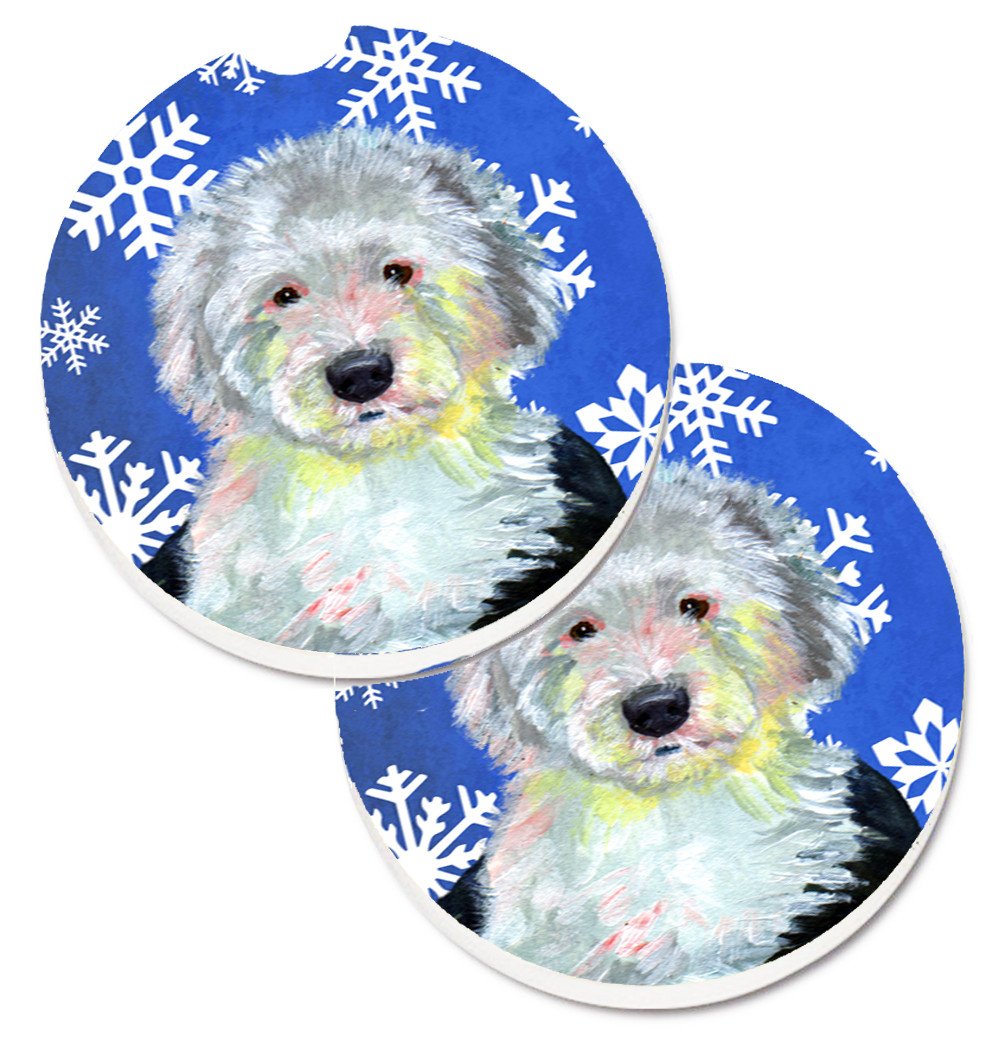 Old English Sheepdog Winter Snowflakes Holiday Set of 2 Cup Holder Car Coasters LH9306CARC by Caroline&#39;s Treasures