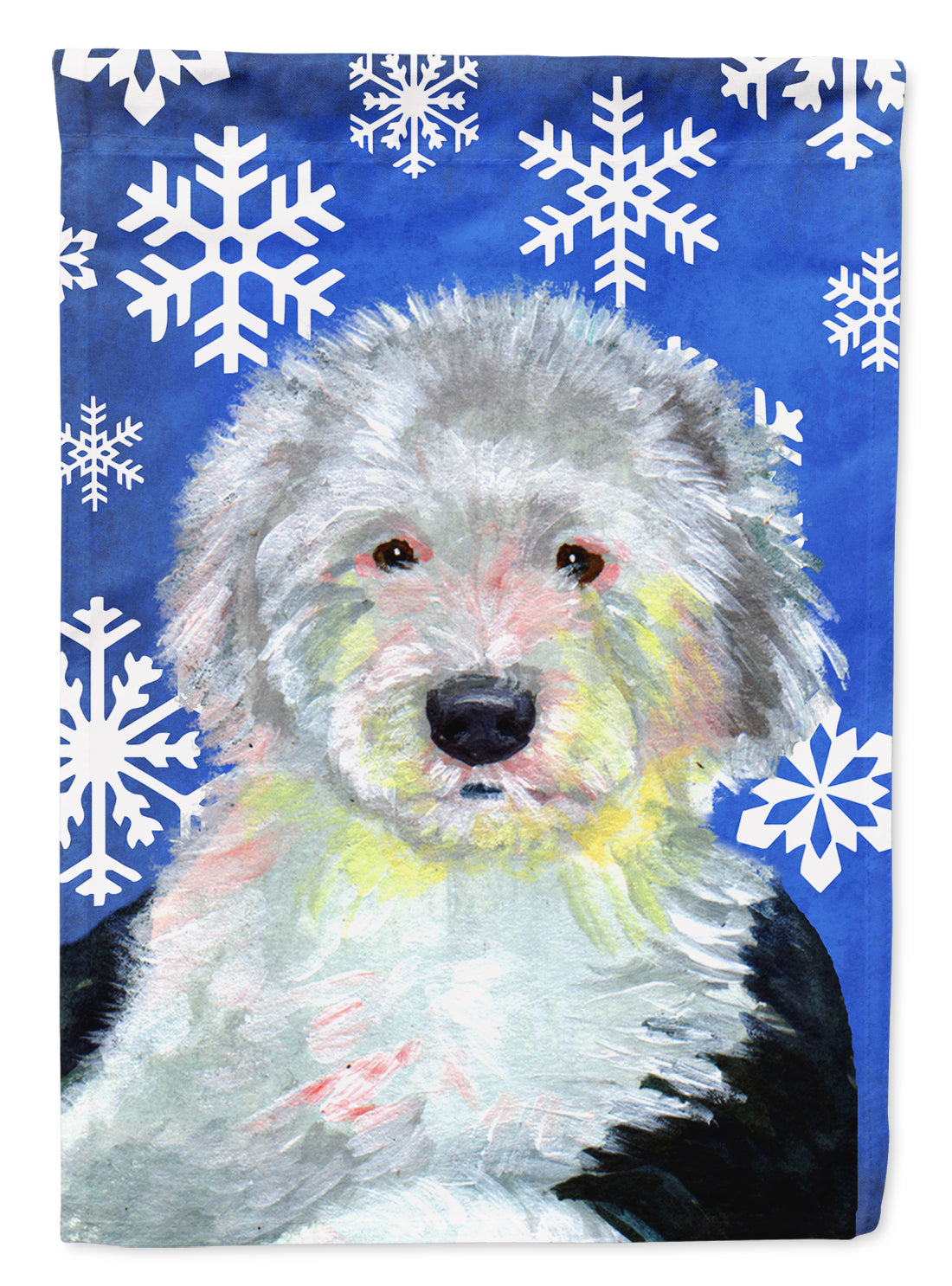 Old English Sheepdog Winter Snowflakes Holiday Flag Canvas House Size