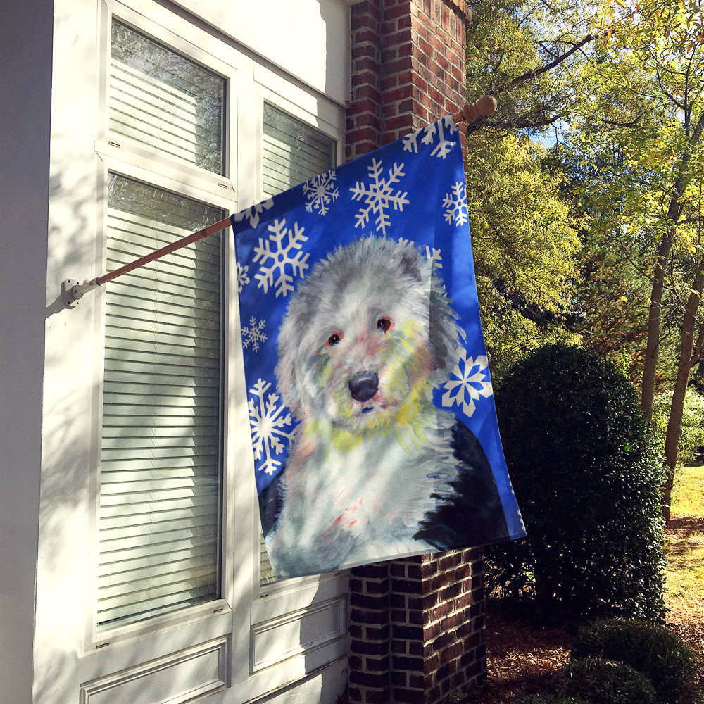 Old English Sheepdog Winter Snowflakes Holiday Flag Canvas House Size  the-store.com.