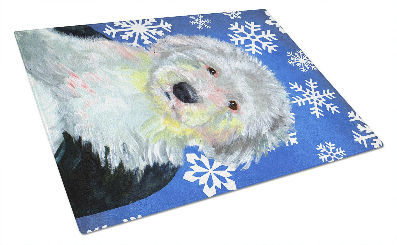Old English Sheepdog Winter Snowflakes Holiday Glass Cutting Board Large by Caroline's Treasures