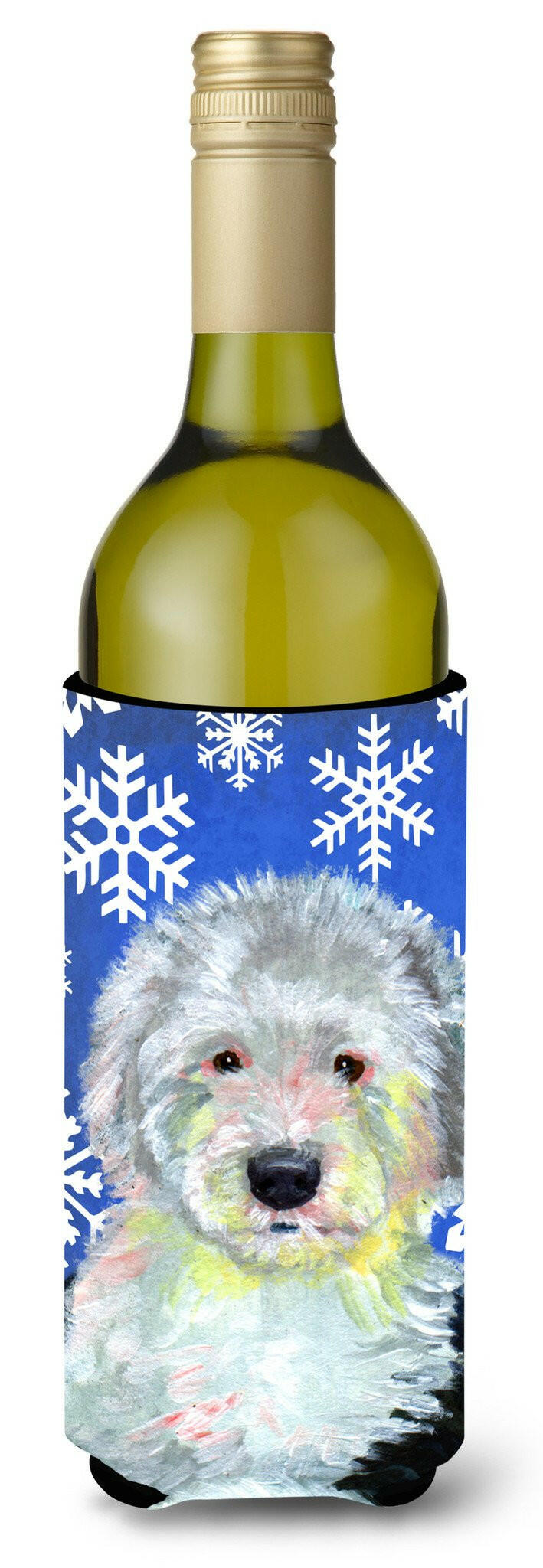 Old English Sheepdog Winter Snowflakes Holiday Wine Bottle Beverage Insulator Beverage Insulator Hugger by Caroline's Treasures