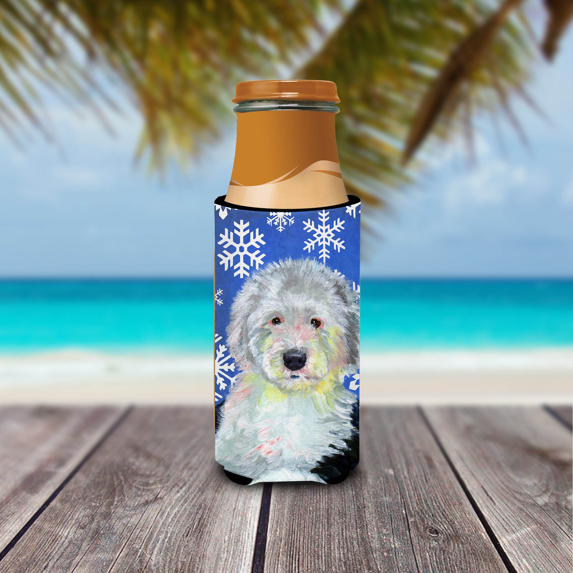 Old English Sheepdog Winter Snowflakes Holiday Ultra Beverage Insulators for slim cans LH9306MUK.