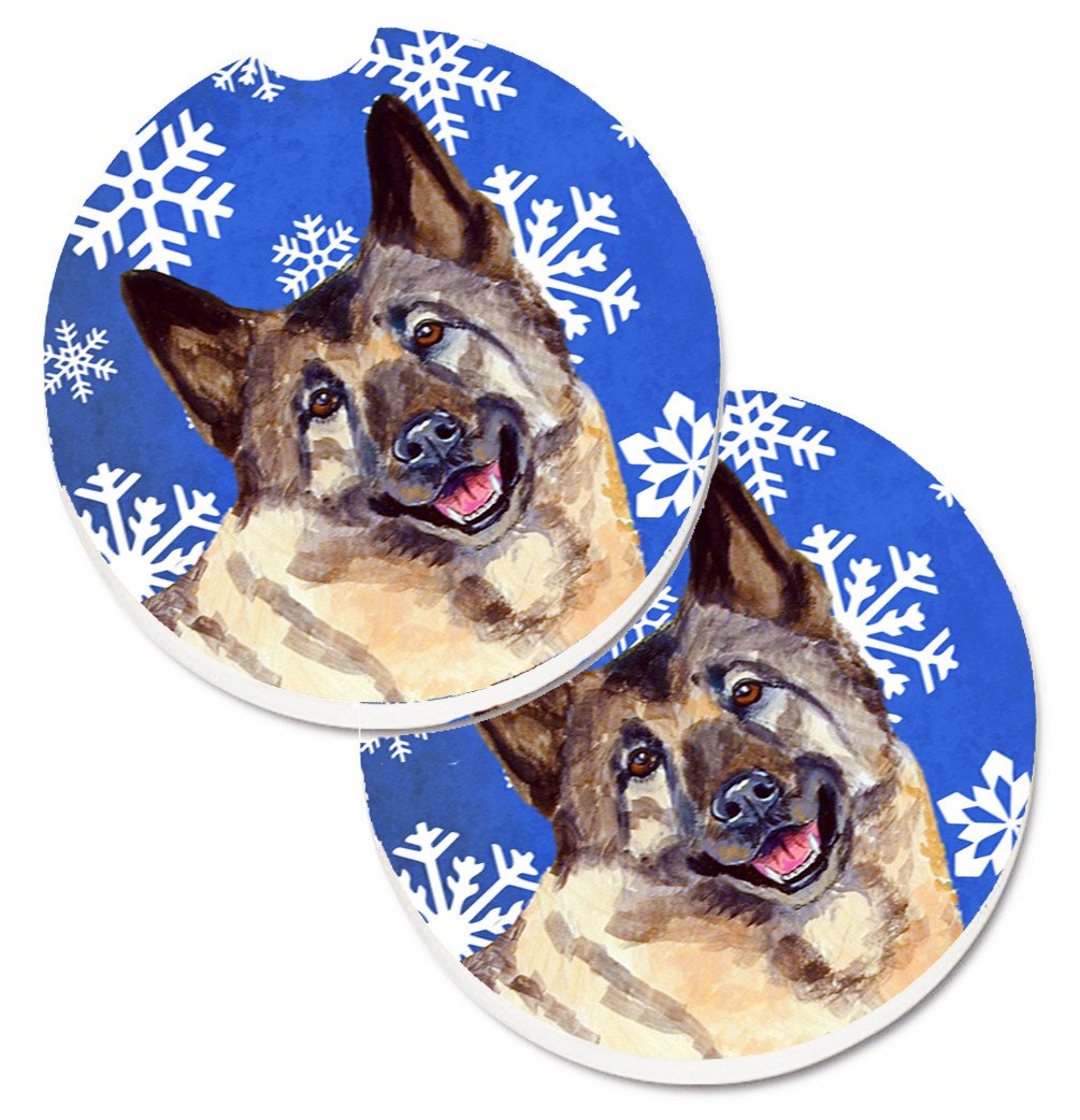 Norwegian Elkhound Winter Snowflakes Holiday Set of 2 Cup Holder Car Coasters LH9308CARC by Caroline&#39;s Treasures