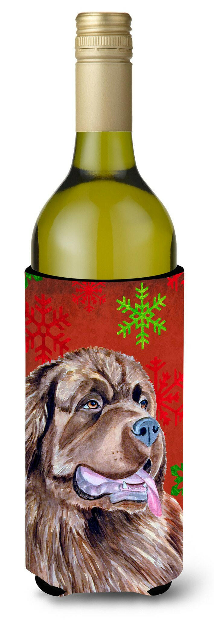 Newfoundland Red and Green  Holiday Christmas Wine Bottle Beverage Insulator Beverage Insulator Hugger by Caroline&#39;s Treasures