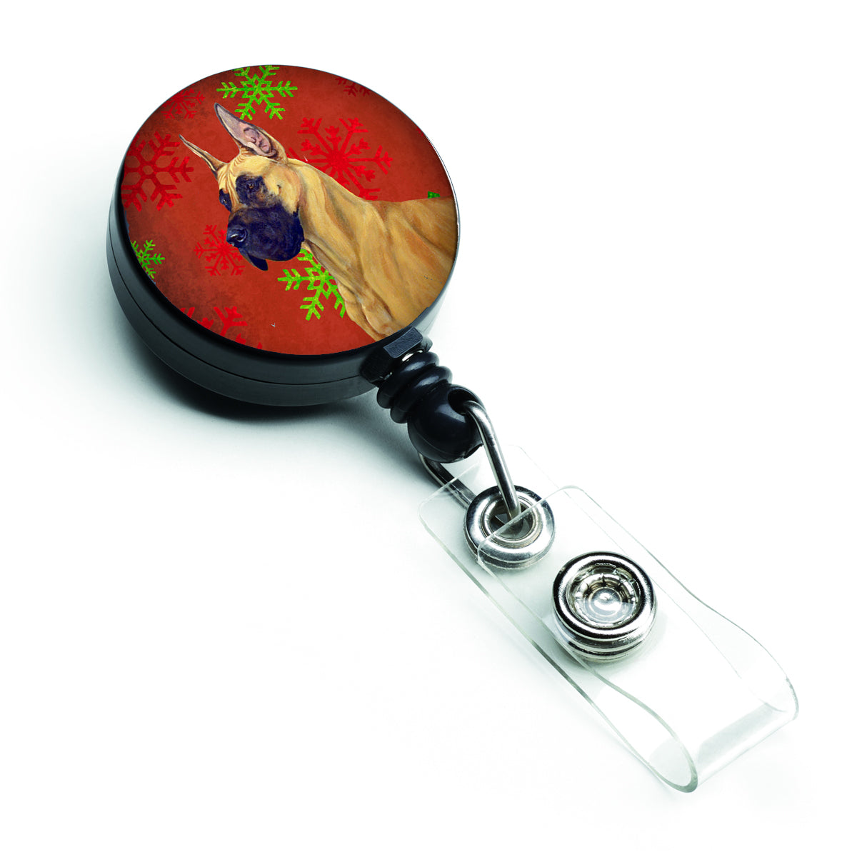 Great Dane Red and Green Snowflakes Holiday Christmas Retractable Badge Reel LH9310BR  the-store.com.
