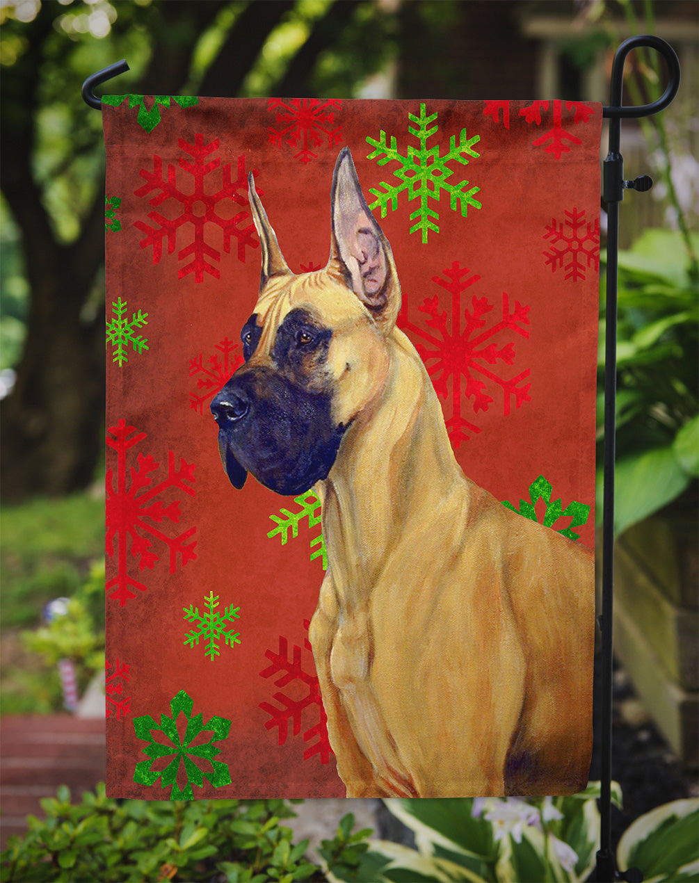 Great Dane Red and Green Snowflakes Holiday Christmas Flag Garden Size.