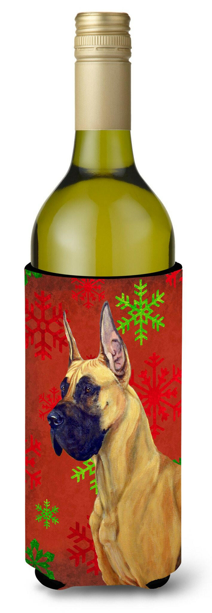 Great Dane Red and Green Snowflakes Holiday Christmas Wine Bottle Beverage Insulator Beverage Insulator Hugger by Caroline&#39;s Treasures