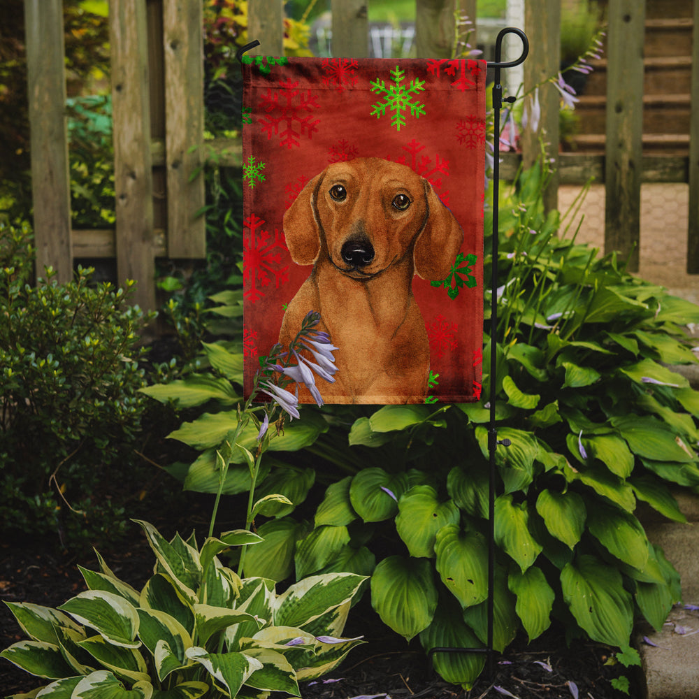 Dachshund Red and Green Snowflakes Holiday Christmas Flag Garden Size.