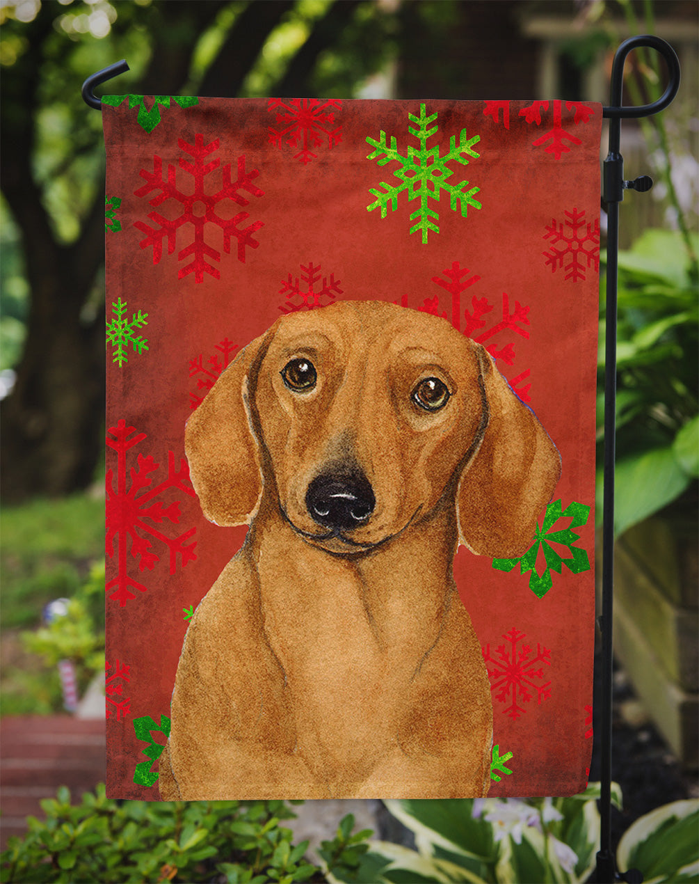 Dachshund Red and Green Snowflakes Holiday Christmas Flag Garden Size