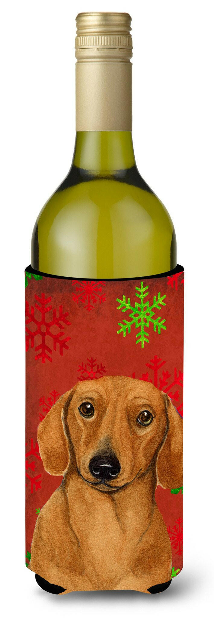 Dachshund Red and Green Snowflakes Holiday Christmas Wine Bottle Beverage Insulator Beverage Insulator Hugger by Caroline&#39;s Treasures