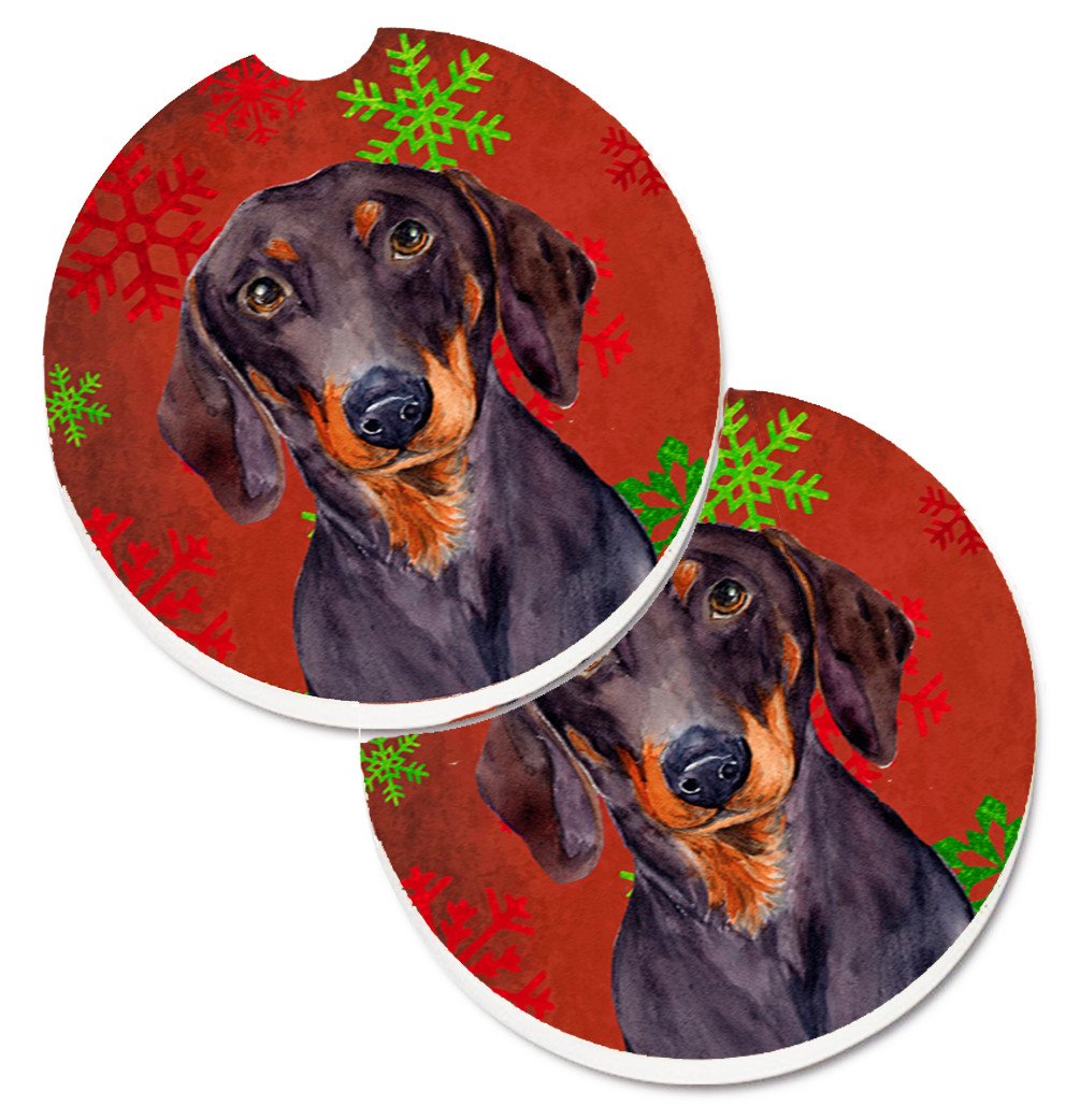 Dachshund Red and Green Snowflakes Holiday Christmas Set of 2 Cup Holder Car Coasters LH9313CARC by Caroline&#39;s Treasures