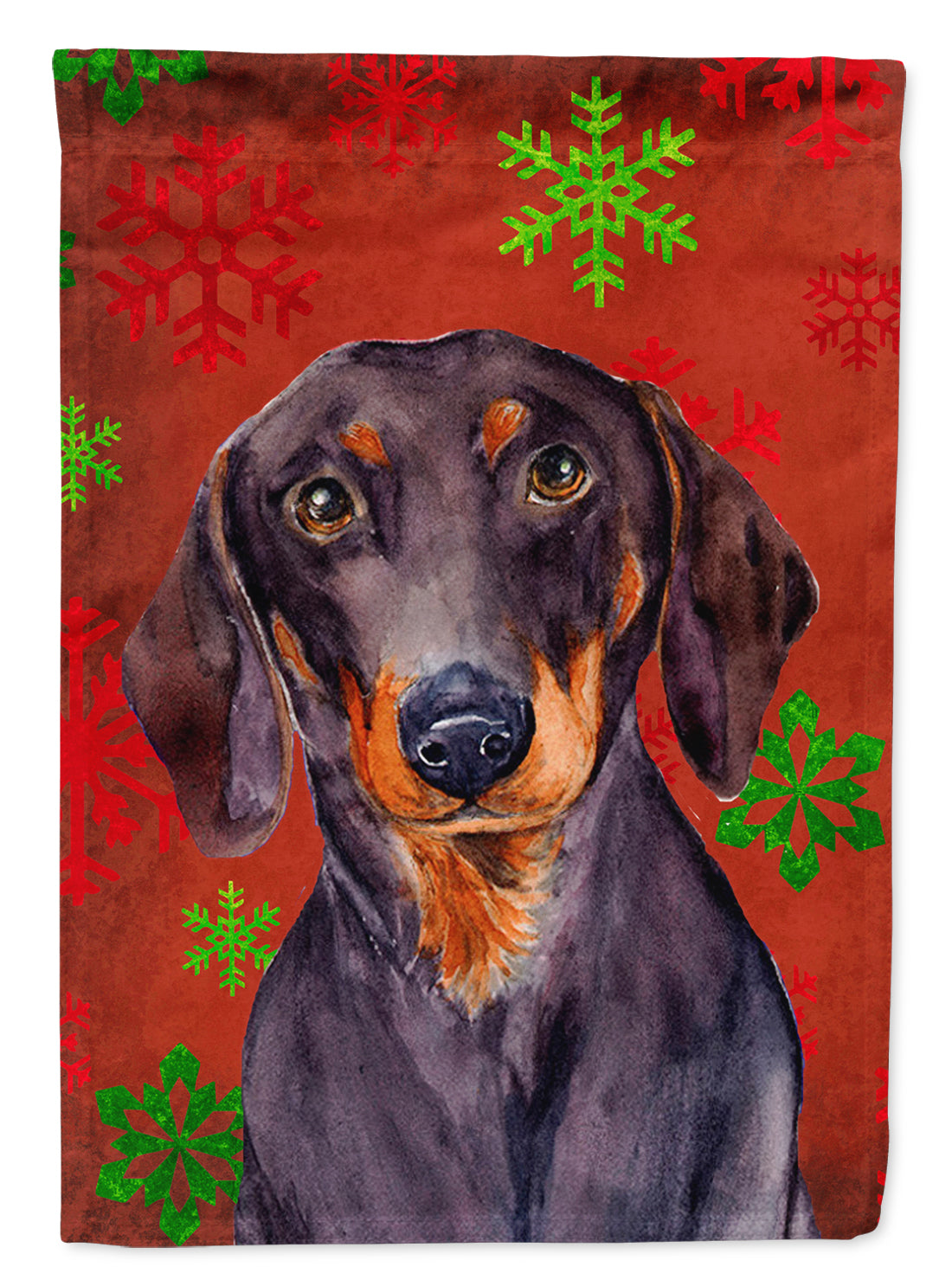 Dachshund Red and Green Snowflakes Holiday Christmas Flag Garden Size.