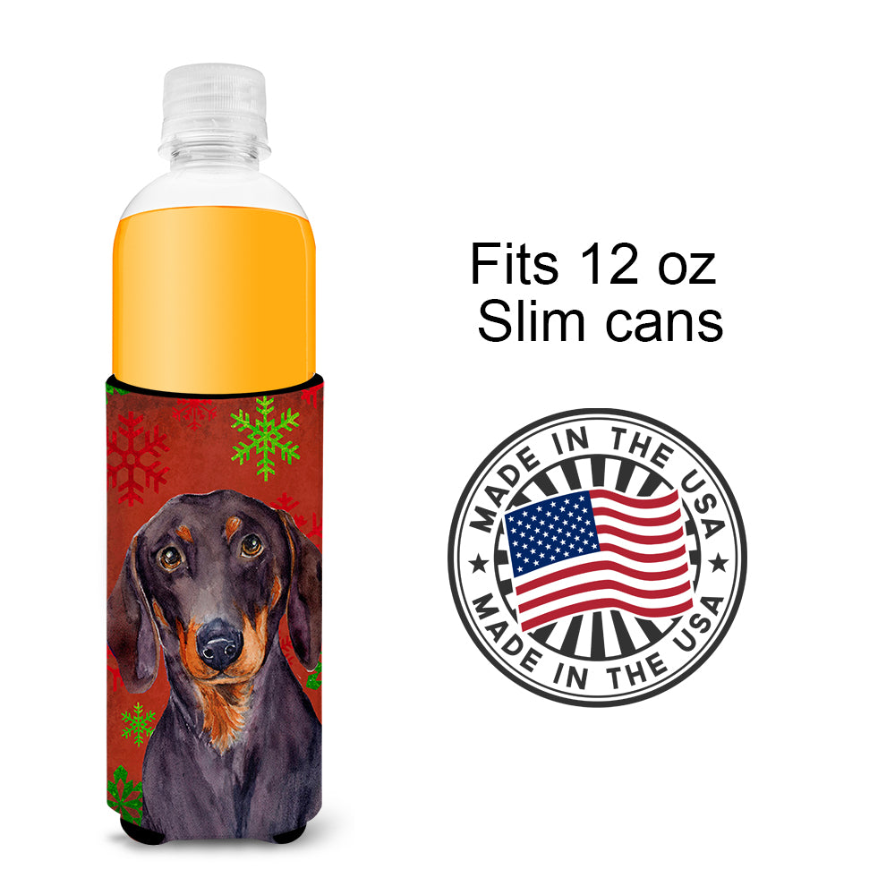 Dachshund Red and Green Snowflakes Holiday Christmas Ultra Beverage Insulators for slim cans LH9313MUK.