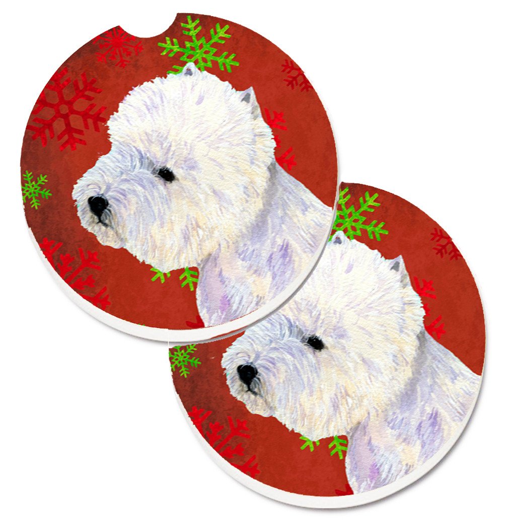 Westie Red and Green Snowflakes Holiday Christmas Set of 2 Cup Holder Car Coasters LH9315CARC by Caroline&#39;s Treasures