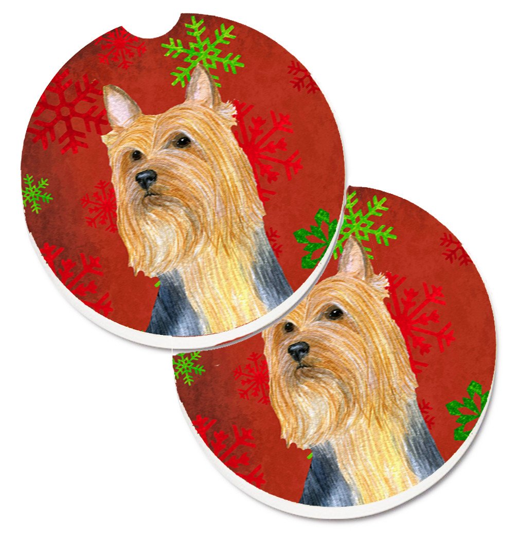 Silky Terrier Red Green Snowflake Holiday Christmas Set of 2 Cup Holder Car Coasters LH9316CARC by Caroline&#39;s Treasures