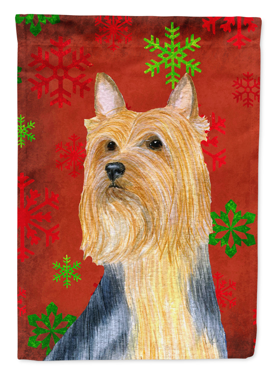 Silky Terrier Red and Green Snowflakes Holiday Christmas Flag Canvas House Size