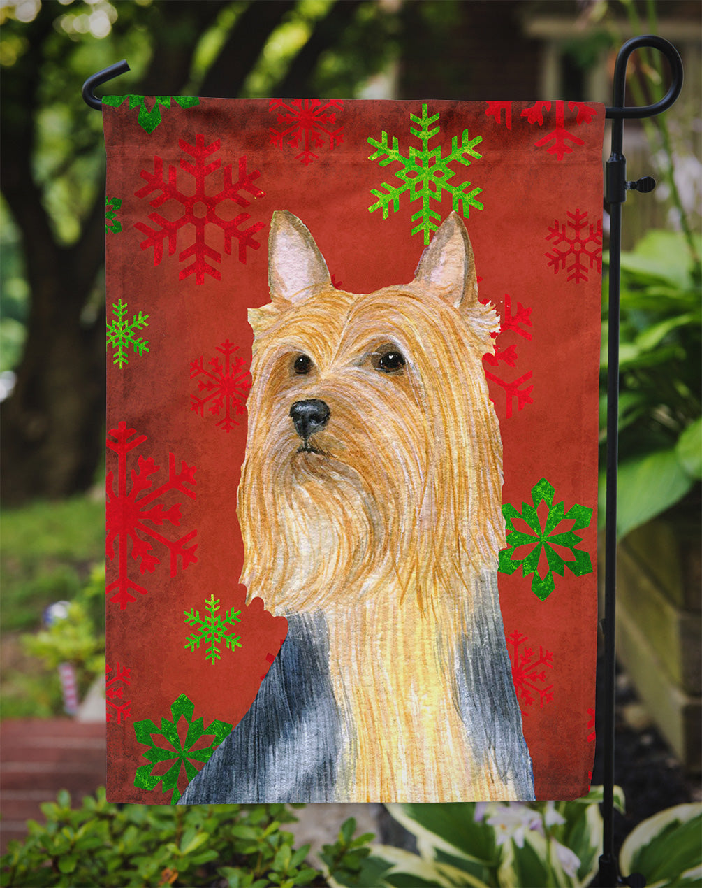 Silky Terrier Red Green Snowflake Holiday Christmas Flag Garden Size.