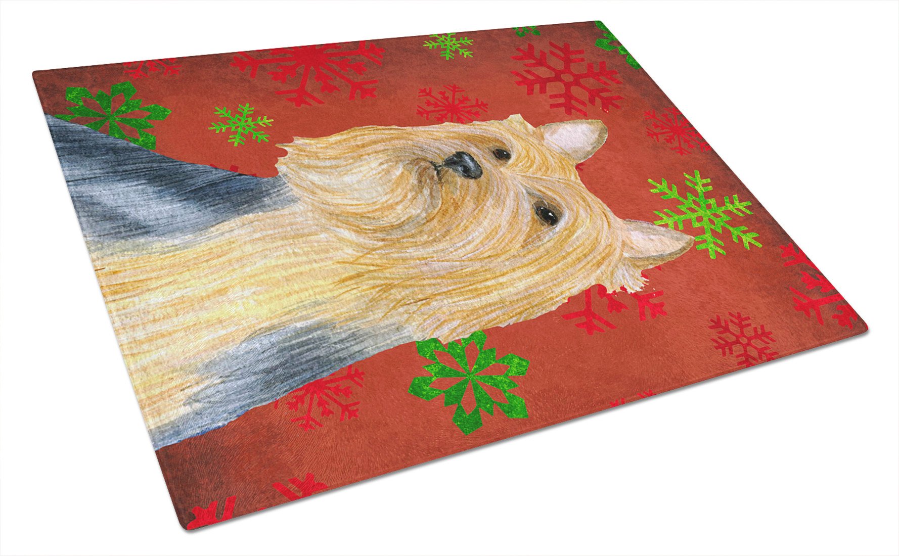 Silky Terrier Red and Green Snowflakes Christmas Glass Cutting Board Large by Caroline's Treasures