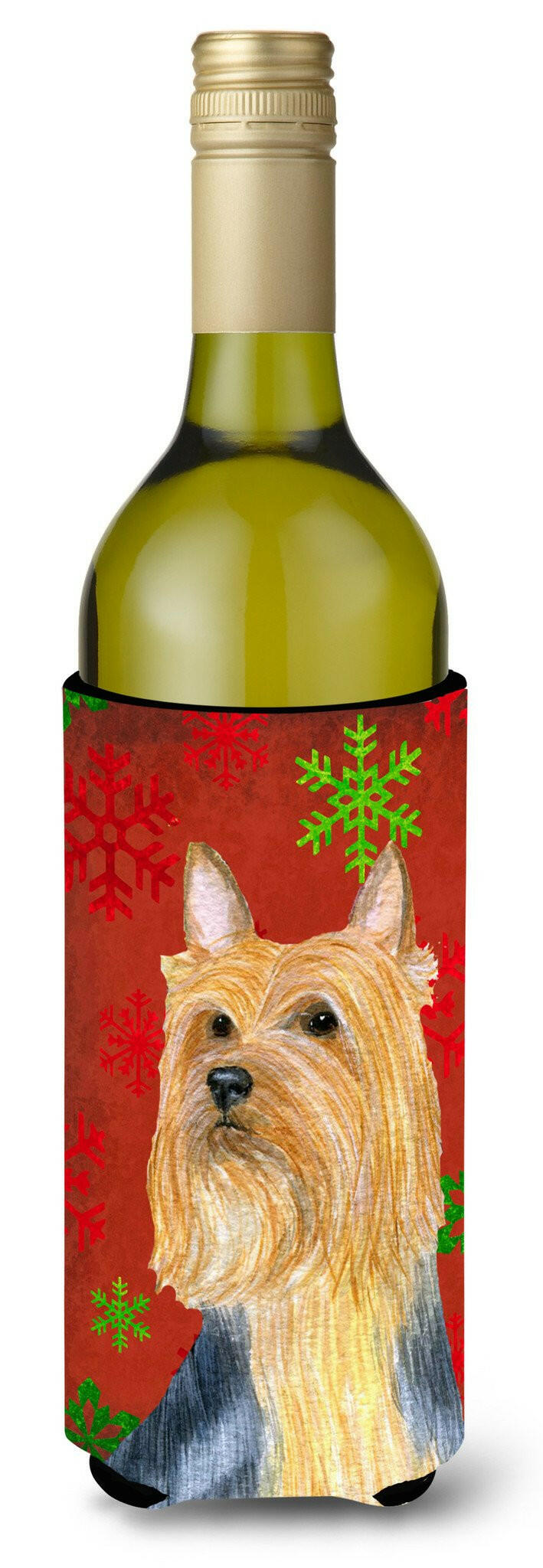 Silky Terrier Red Green Snowflake Holiday Christmas Wine Bottle Beverage Insulator Beverage Insulator Hugger by Caroline&#39;s Treasures