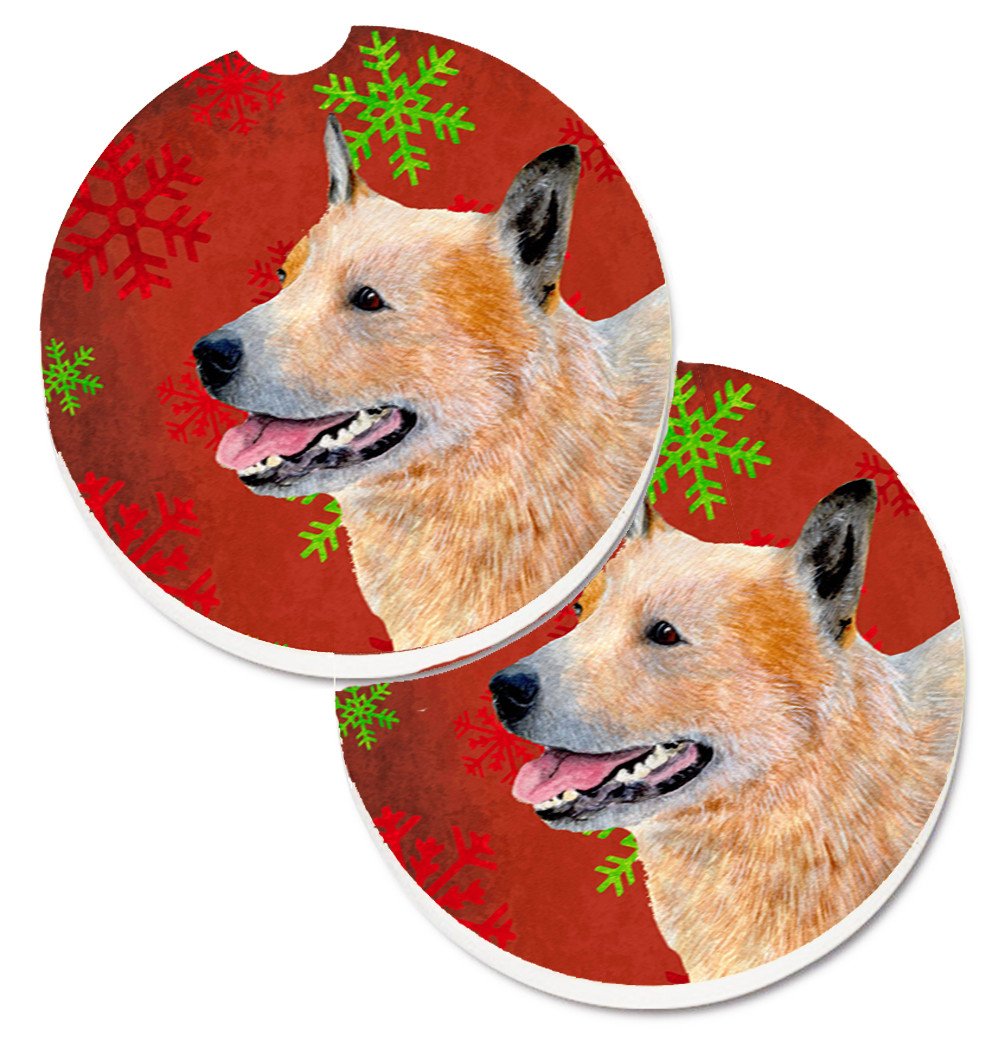 Australian Cattle Dog Red Green Snowflakes Christmas Set of 2 Cup Holder Car Coasters LH9317CARC by Caroline&#39;s Treasures