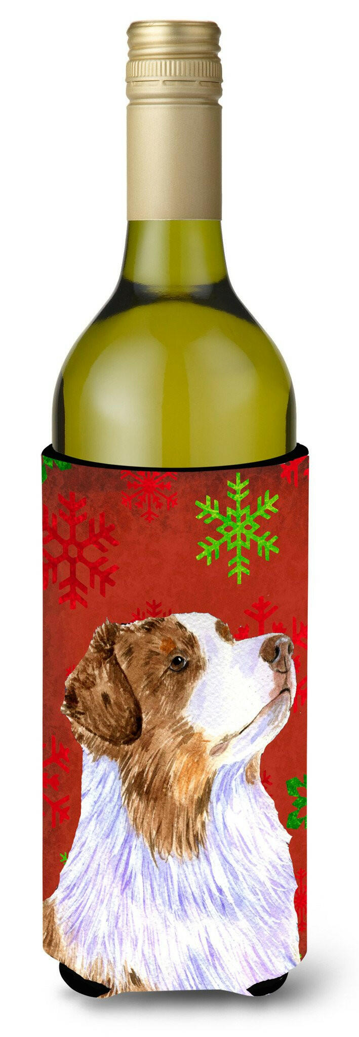 Australian Shepherd Red Green Snowflakes Christmas Wine Bottle Beverage Insulator Beverage Insulator Hugger by Caroline&#39;s Treasures