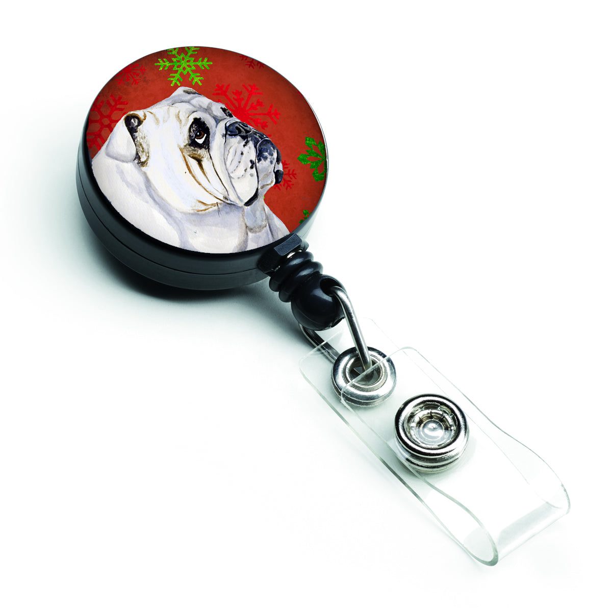 Bulldog English Red and Green Snowflakes Holiday Christmas Retractable Badge Reel LH9319BR