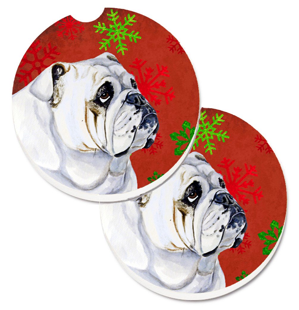 Bulldog English Red and Green Snowflakes Holiday Christmas Set of 2 Cup Holder Car Coasters LH9319CARC by Caroline&#39;s Treasures