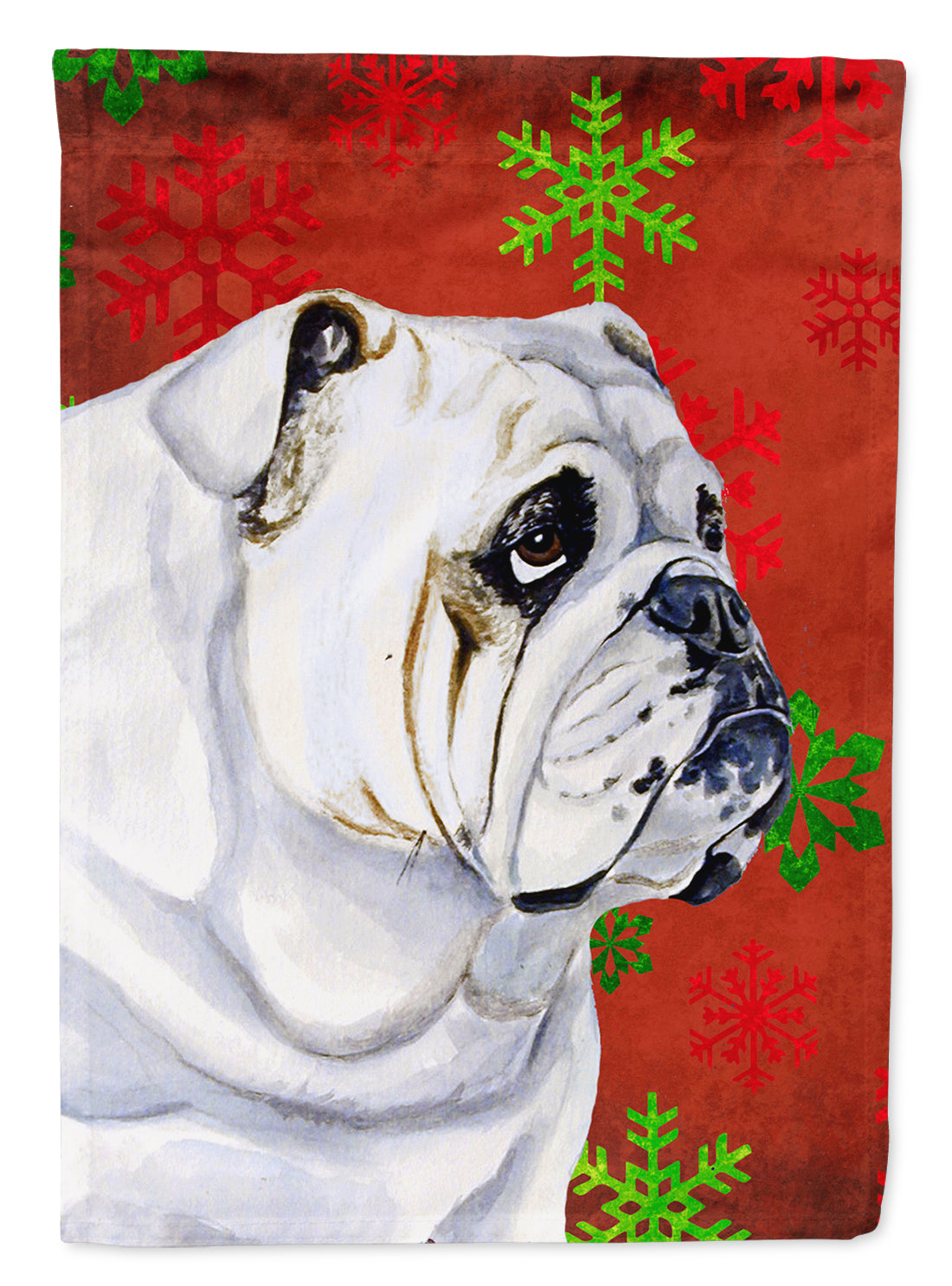 Bulldog English Red Green Snowflakes Holiday Christmas Flag Canvas House Size  the-store.com.