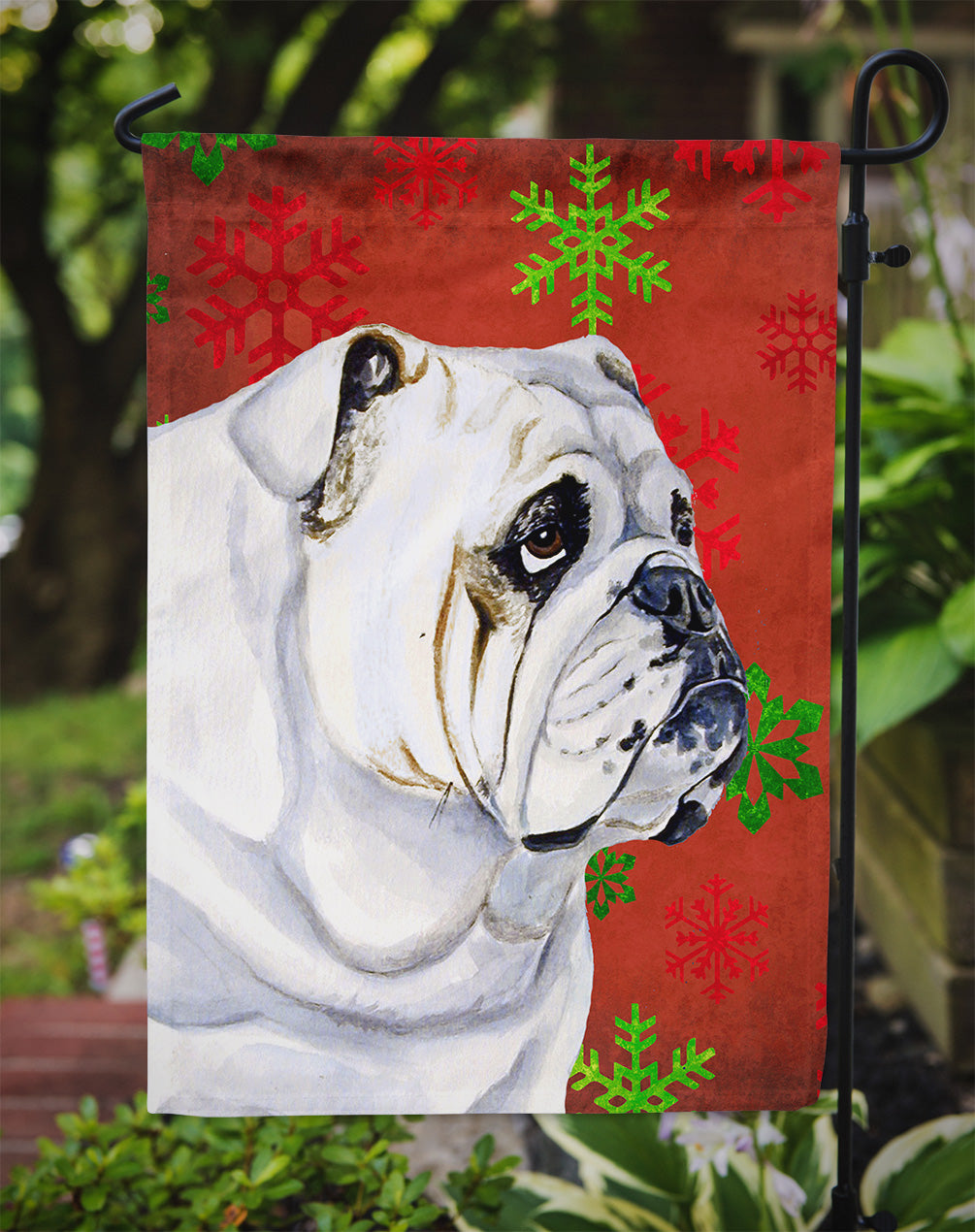 Bulldog English Red and Green Snowflakes Holiday Christmas Flag Garden Size