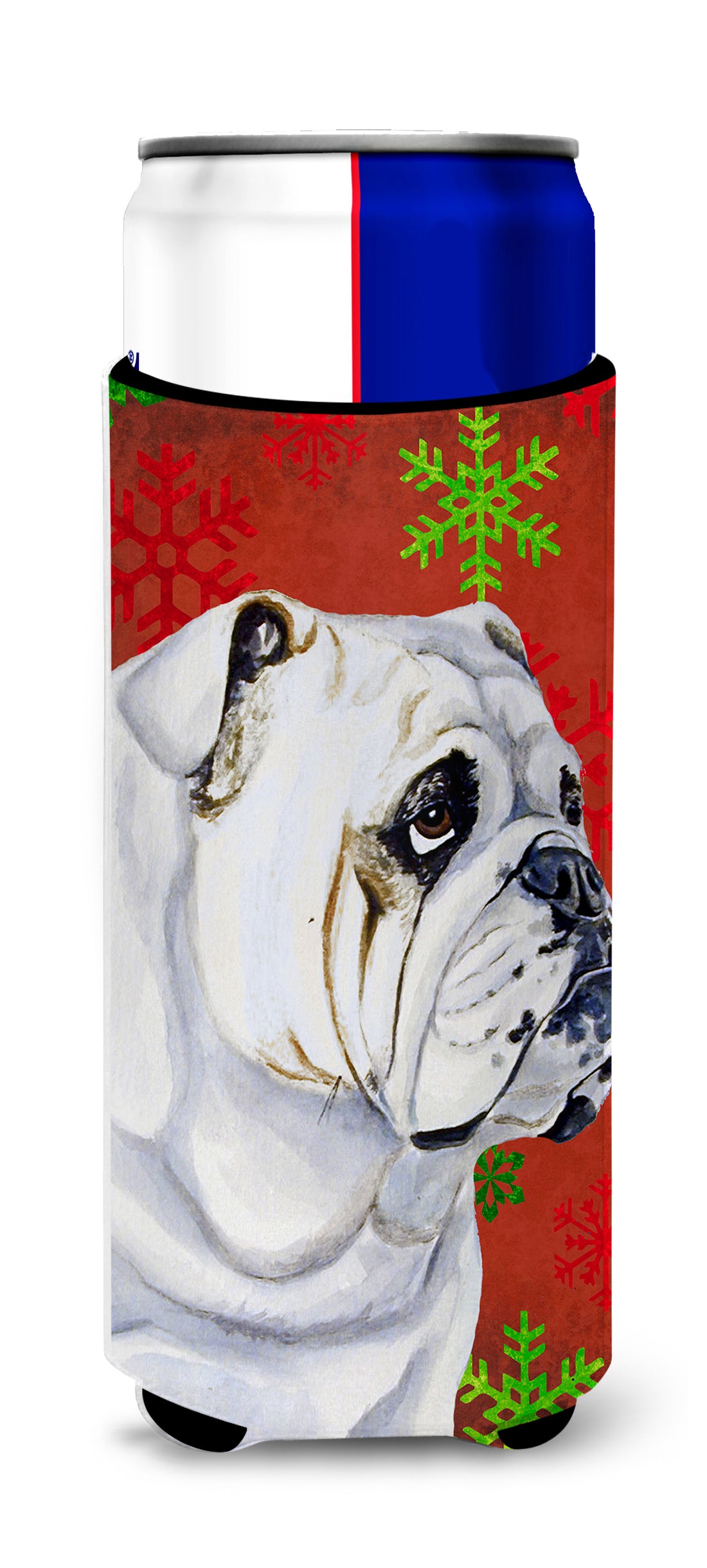 Bulldog English Red and Green Snowflakes Holiday Christmas Ultra Beverage Insulators for slim cans LH9319MUK.