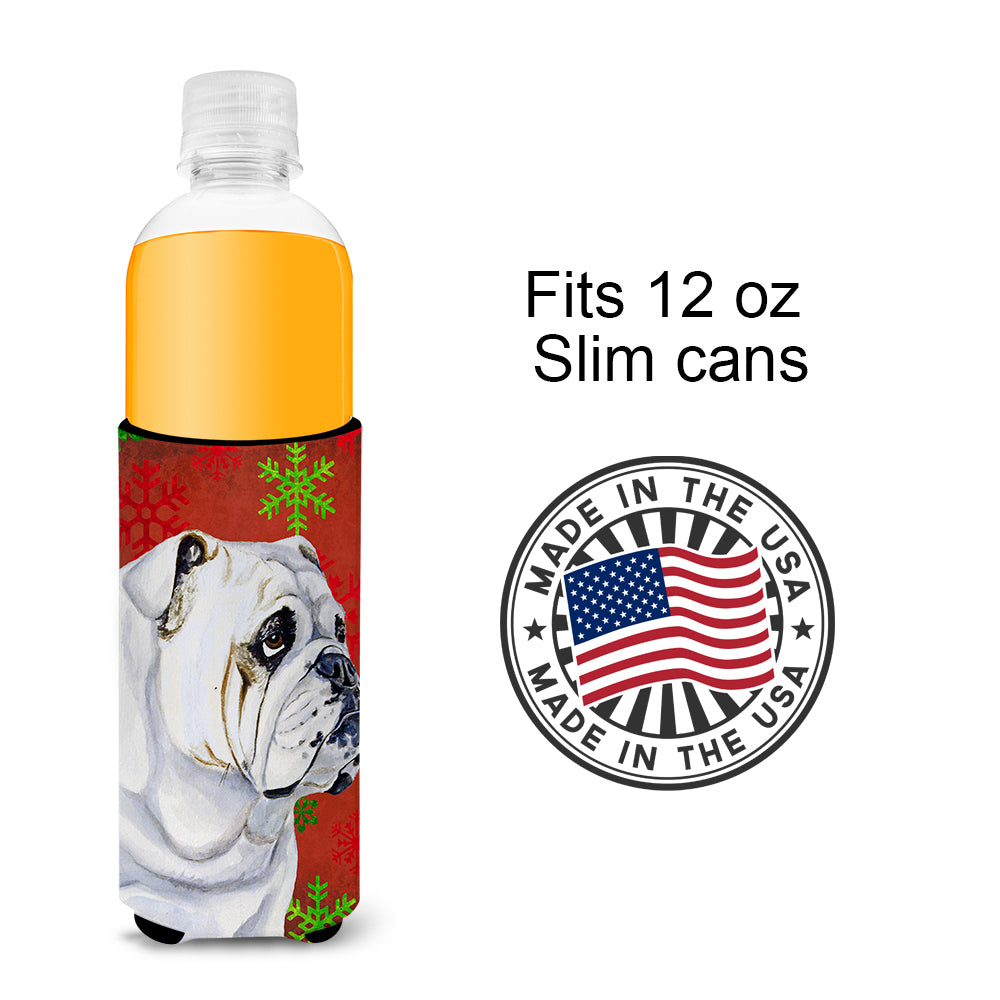 Bulldog English Red and Green Snowflakes Holiday Christmas Ultra Beverage Insulators for slim cans LH9319MUK.