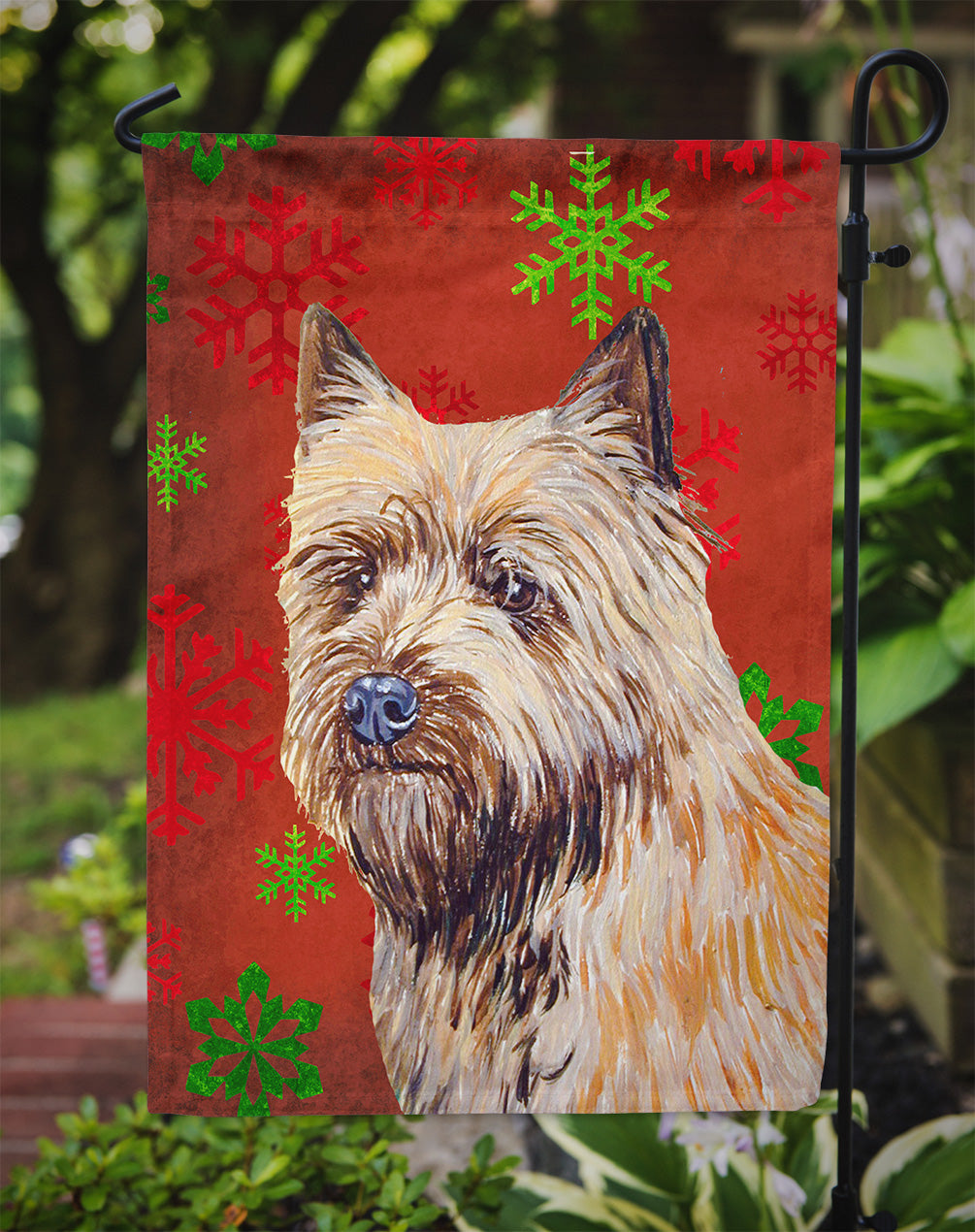 Cairn Terrier Red and Green Snowflakes Holiday Christmas Flag Garden Size.