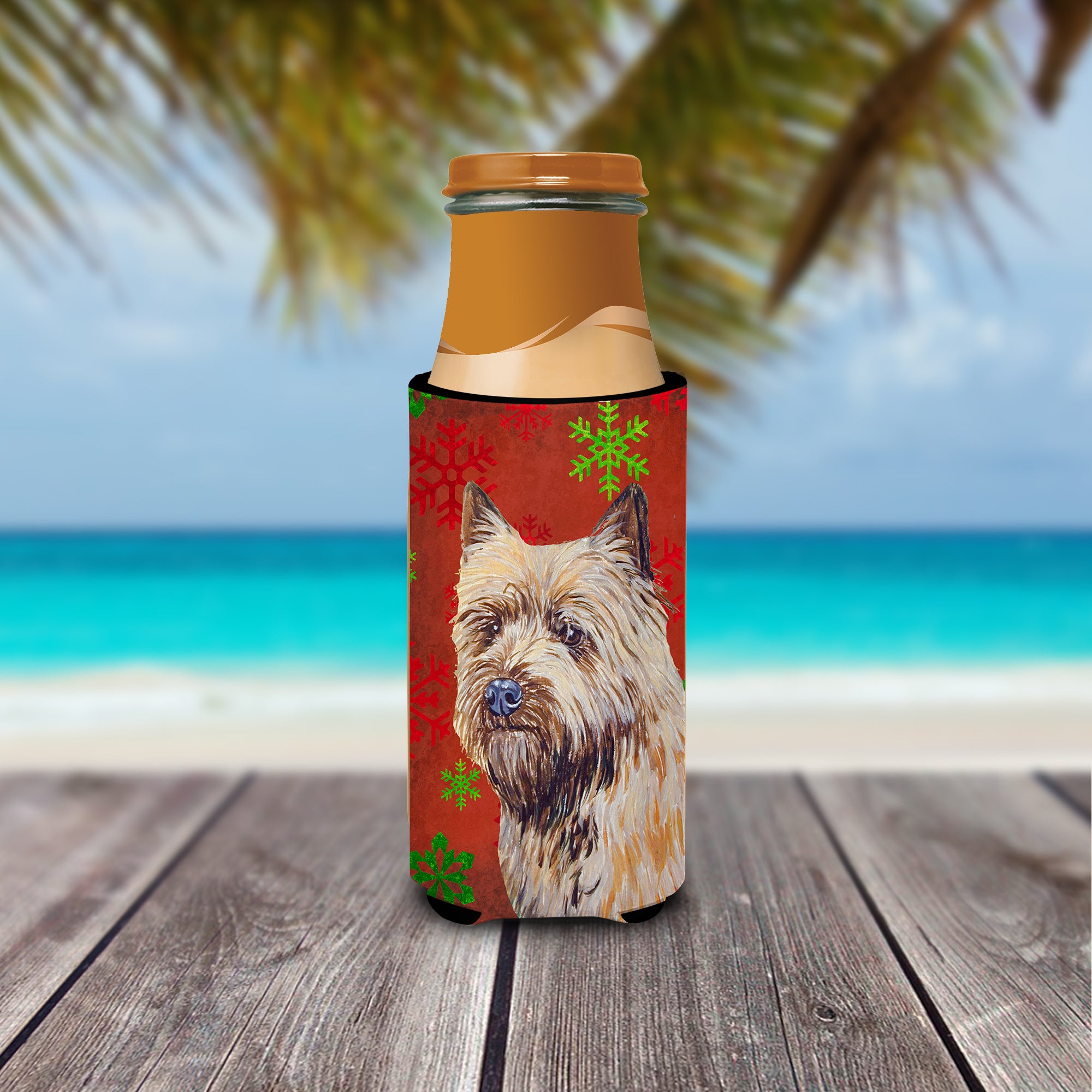 Cairn Terrier Red and Green Snowflakes Holiday Christmas Ultra Beverage Insulators for slim cans LH9320MUK.